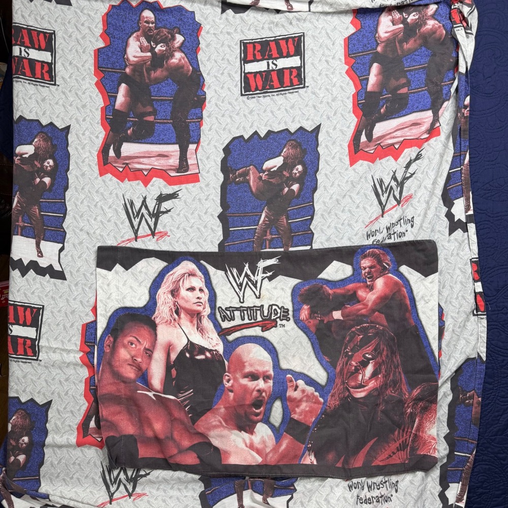 Vintage 1999 WWF Raw Is War Twin Sheet Pillowcase Set Attitude Stone Cold‎ Rock